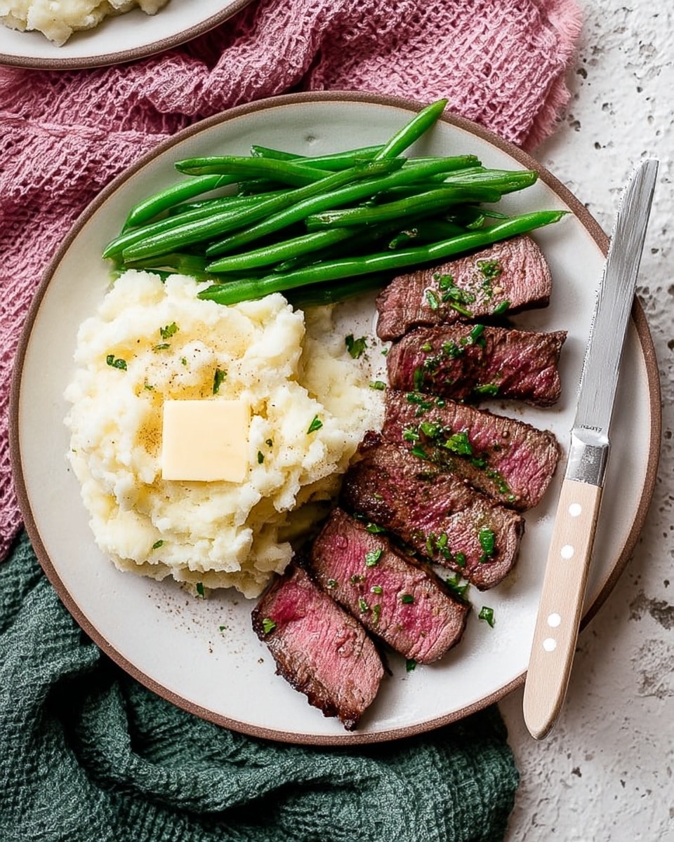 The dish is served on a white plate with a thin brown rim and shows three main parts: mashed potatoes with a small melting pat of butter on top, bright green beans stacked neatly in the center, and sliced steak arranged in two rows on the right side, revealing a pink center in the middle slices, all sprinkled with fresh green herbs. A silver fork and a knife with a light wooden handle are placed on the right side of the plate. The plate sits on a white marbled textured surface with a pink textured cloth and a dark green cloth partially visible below the plate. Photo taken with an iphone --ar 4:5 --v 7