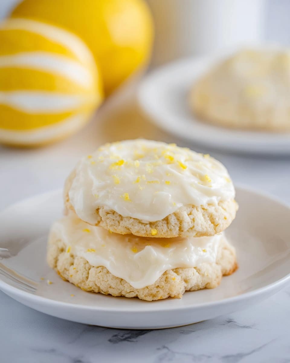 The image shows a close-up of two round cookies stacked on a white plate, each cookie topped with a thick layer of creamy white frosting that has light yellow specks sprinkled on it. The cookies have a soft, crumbly texture with a pale golden color beneath the frosting. In the background, there is a lemon with a yellow and white pattern, slightly out of focus, resting on a white marbled surface. Another plate with a cookie is visible but blurry behind the lemon. The scene is bright and clean with soft natural lighting. photo taken with an iphone --ar 4:5 --v 7