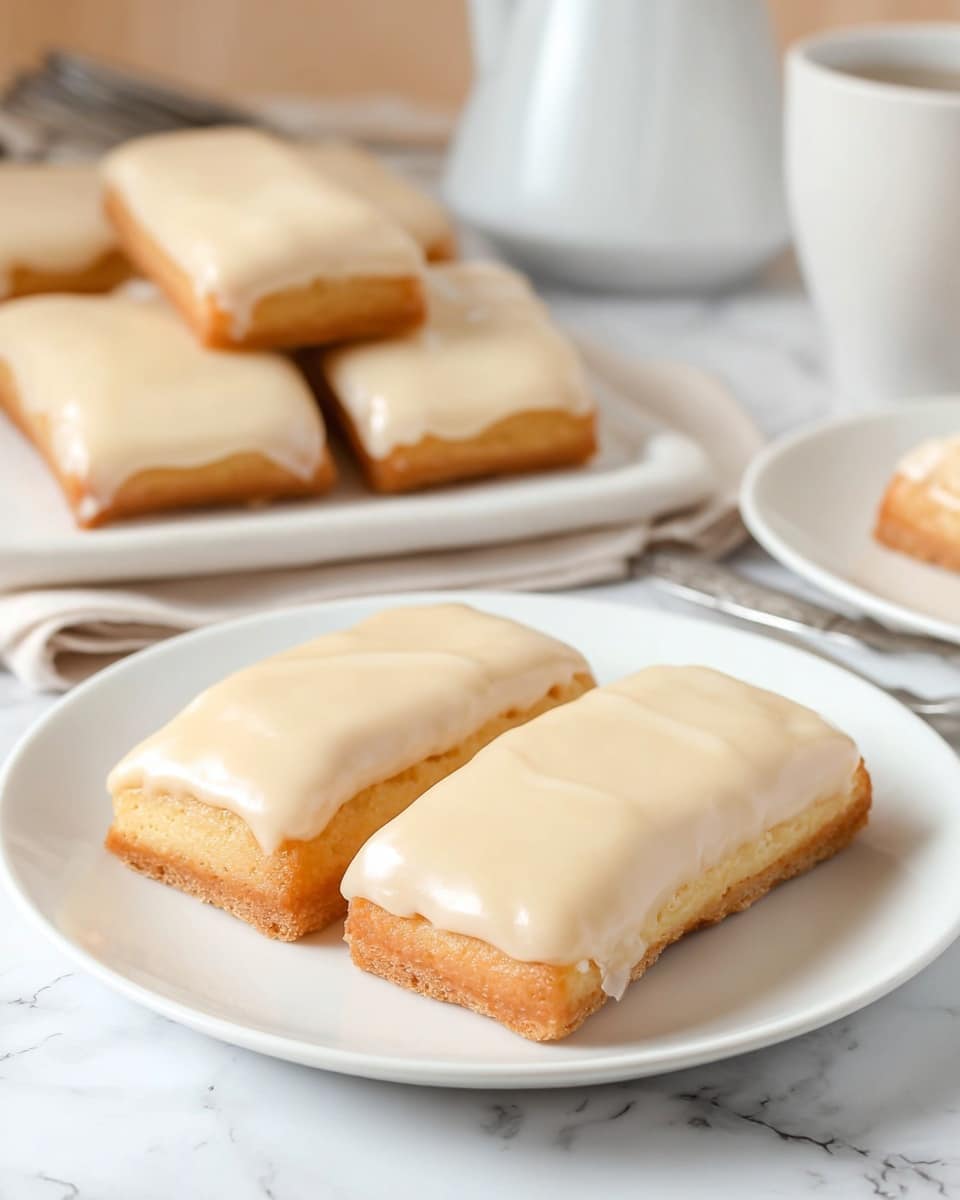 The image shows a white plate with two rectangular pastries placed side by side. Each pastry has a golden-brown base layer with a smooth, thick layer of pale beige icing covering the top, which looks creamy and slightly glossy. In the background, more similar pastries are arranged on another white plate and directly on the white marbled surface, all with the same golden base and pale beige icing. The setting includes a white teapot and a silver utensil blurred in the back, adding to the cozy, light atmosphere. photo taken with an iphone --ar 4:5 --v 7