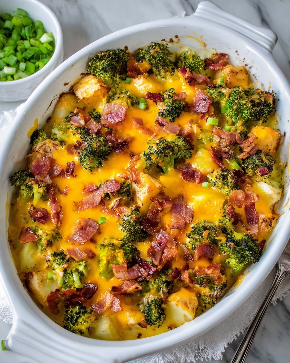 The image shows a white baking dish filled with a colorful casserole. The base layer consists of small potato pieces and broccoli florets, both cooked to a tender state. Scattered throughout the dish are browned chicken chunks. The entire mixture is generously covered with melted cheddar cheese, bright orange and smooth in texture, that blankets the vegetables and chicken in a gooey layer. On top, crispy chopped bacon pieces add texture and a reddish-brown color contrast to the yellow cheese and green broccoli. The dish sits on a white marbled surface, with a silver spoon and a bowl of chopped green onions blurred in the background. Photo taken with an iphone --ar 4:5 --v 7