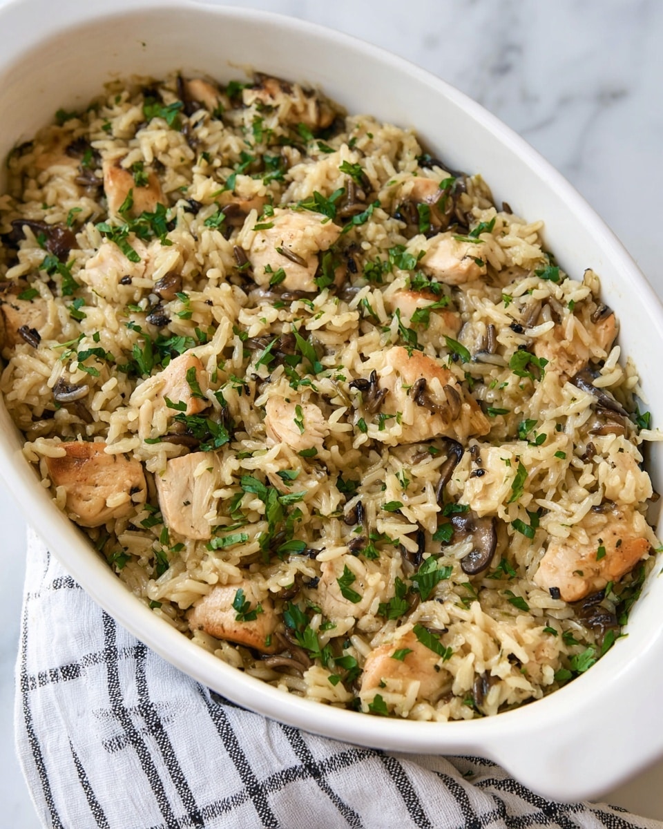 A white oval dish filled with a mixture of cooked rice and diced chicken pieces, both light golden-brown in color. The rice is lightly speckled with darker grains of wild rice and small mushroom slices, adding a mix of beige and brown shades. The dish is sprinkled with chopped fresh green herbs scattered on top, giving a fresh and vibrant look. The texture looks moist with slight steam rising, and the dish sits on a white marbled surface with a striped cloth partially visible beneath. photo taken with an iphone --ar 4:5 --v 7