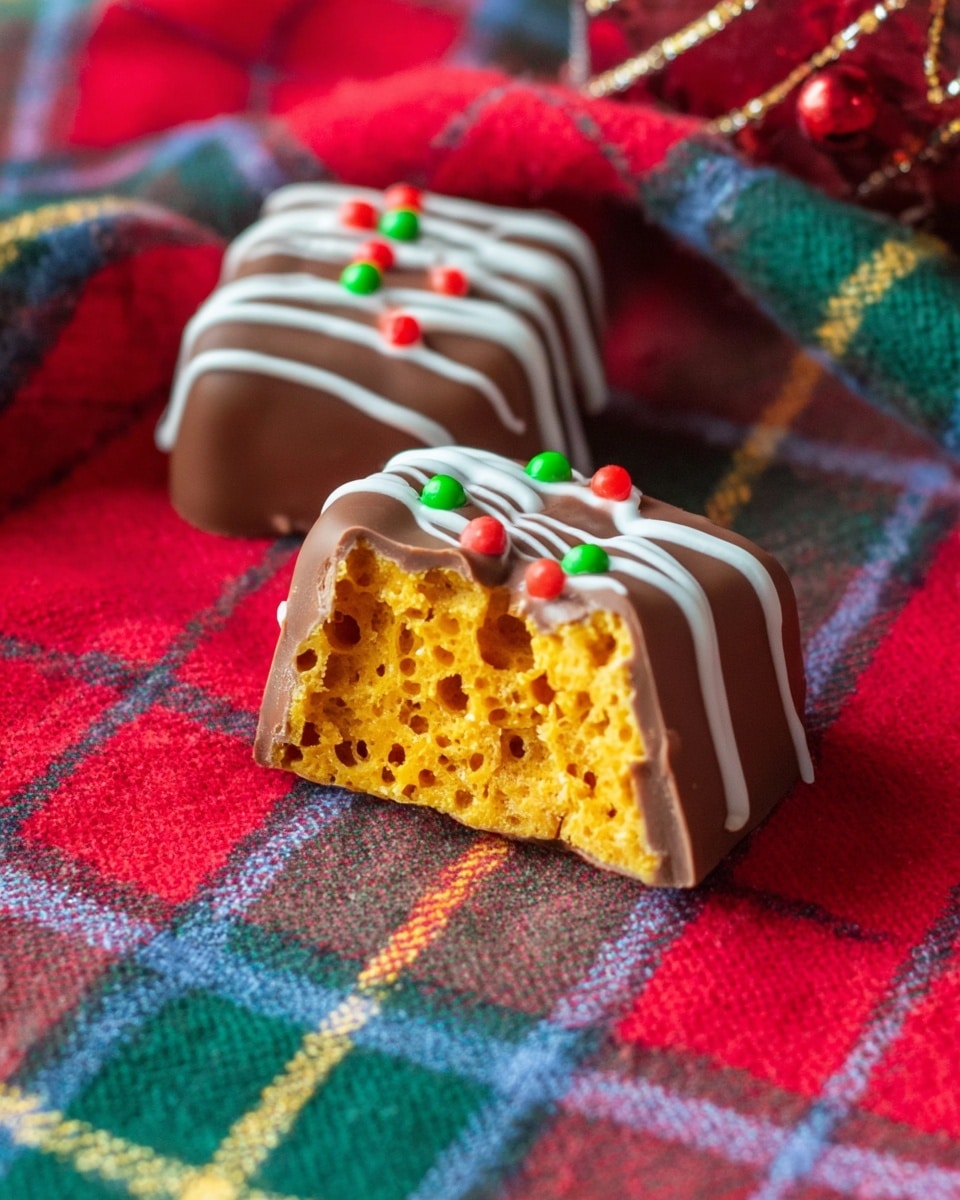 The image shows two pieces of honeycomb toffee coated with a layer of smooth milk chocolate. One piece is whole, decorated on top with white icing drizzle and small round sprinkles in red, green, and white colors. The other piece is cut in half, showing the inside layer of bright yellow honeycomb with a porous texture. Both treats are placed directly on a red plaid cloth with green, blue, and yellow stripes in the background, creating a warm, festive look. photo taken with an iphone --ar 4:5 --v 7