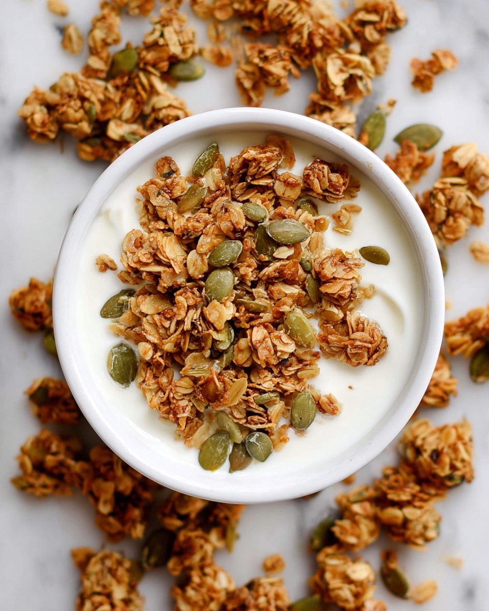 A white bowl filled with a layer of white yogurt at the bottom, topped with a thick layer of golden brown granola that has visible oats and green pumpkin seeds mixed in. The granola pieces are crunchy and uneven in size, covering most of the yogurt. Around the bowl, there are scattered clusters of the same granola on a white marbled surface, creating a natural and casual look. The photo is clear and bright, taken from above to show the textures and colors well. photo taken with an iphone --ar 4:5 --v 7
