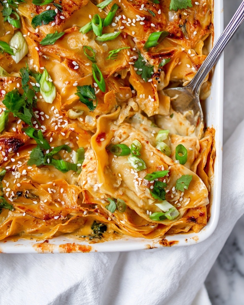 A close-up view of a white rectangular baking dish filled with a layered baked pasta dish. The top layer is covered with folded, orange-colored pasta sheets, cloaked in a rich, creamy sauce that looks slightly browned and bubbly around the edges. The pasta has a smooth texture with some ruffled edges, scattered with fresh green chopped scallions and bright green cilantro leaves. White sesame seeds are sprinkled evenly across the surface, adding contrast. A silver spoon is scooping up a portion of the pasta, showing a folded layer beneath with some green vegetable pieces. The dish rests on a soft white cloth beside the baking dish, all sitting on a white marbled surface. Photo taken with an iphone --ar 4:5 --v 7