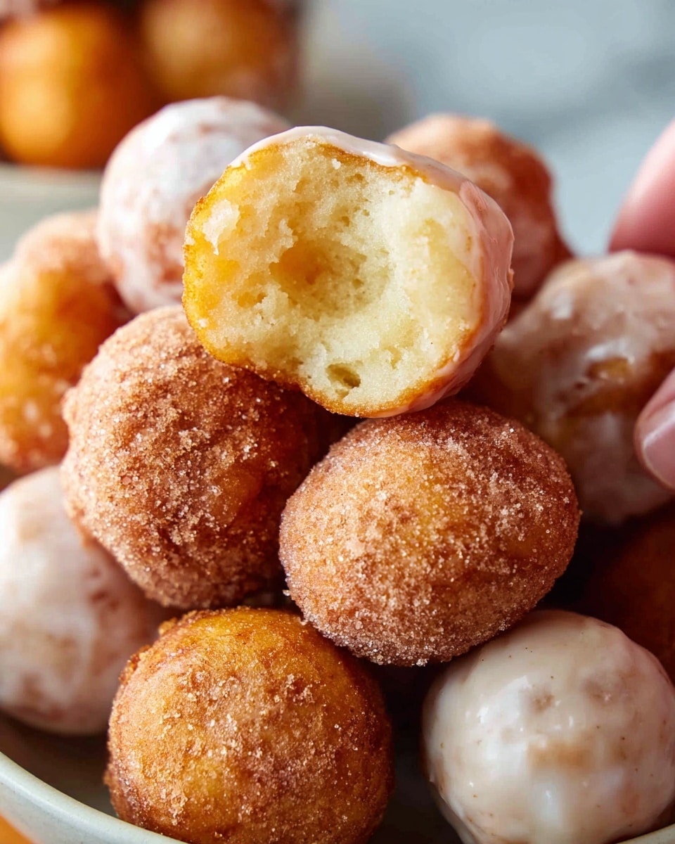 A close-up view shows a pile of small round doughnut holes in a white bowl set on a white marbled surface, with some doughnuts coated in a smooth white glaze and others covered in a rough cinnamon sugar layer. The focus is on one doughnut hole held by a woman's hand, bitten to reveal a light, fluffy yellow inside with a slightly crispy brown edge under the glaze. The doughnuts are stacked casually, showing a mixture of matte and shiny textures under warm light. Photo taken with an iphone --ar 4:5 --v 7
