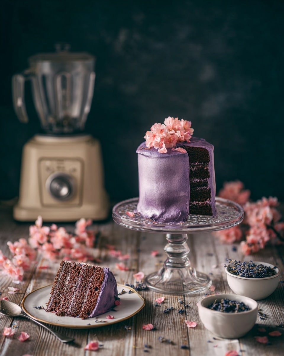 A small cake with three visible dark brown layers is covered in thick, smooth purple frosting, standing on a clear glass cake stand. The top of the cake is decorated with a small cluster of delicate pink flowers. Next to the cake, on a white plate, there is a slice of the same cake with purple frosting and some dark berries on the side. Around the cake and plate, there are scattered pink flower petals and whole flowers on a wooden surface. In the background to the left, there is a cream-colored blender, and on the right, a small white bowl with dried lavender and a smaller white bowl with dark berries. The setting is against a dark, blurred background with a white marbled textured surface under the items. photo taken with an iphone --ar 4:5 --v 7