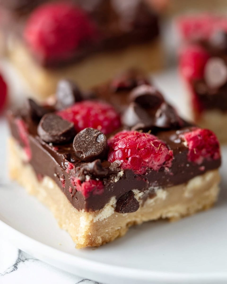 The image shows a close-up of a layered dessert bar on a white plate with a white marbled texture background. The dessert has three layers: the bottom layer is light tan and crumbly like a cookie crust; the middle layer is thick, dark brown, and smooth chocolate; the top layer is a mix of dark chocolate chunks and bright red raspberry pieces scattered unevenly, creating a rough texture with some whole raspberries visible. The focus is on one piece in the foreground with a second piece blurred in the background. Photo taken with an iphone --ar 4:5 --v 7