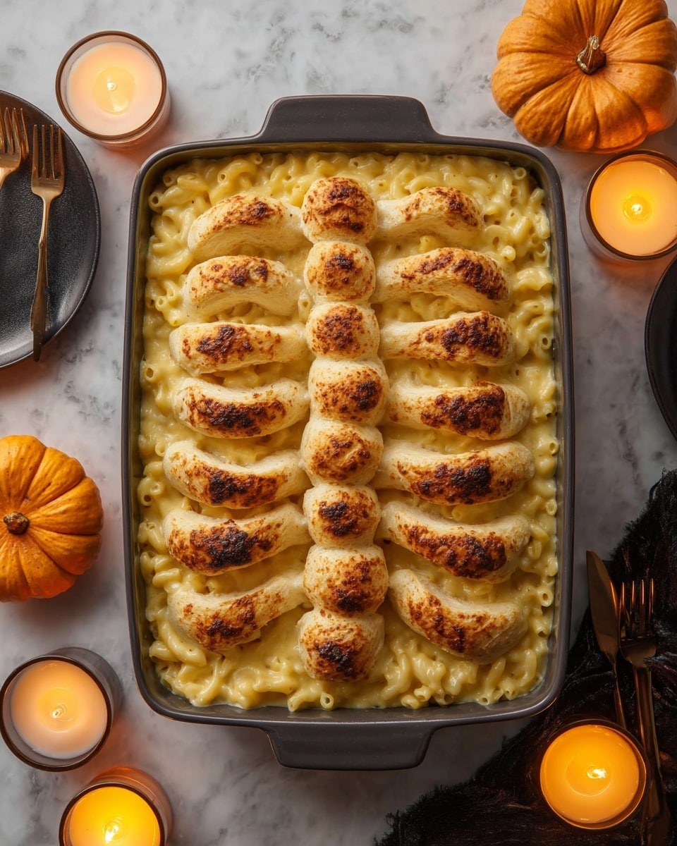 The image shows a white baking dish filled with creamy yellow macaroni and cheese as the base layer. On top, a pattern made from browned breadsticks is arranged to look like a ribcage and spine, with one straight vertical line of small bread pieces in the center representing the spine, and curved breadsticks placed on each side to mimic ribs. The breadsticks are lightly toasted with darker brown spots. The dish sits on a white marbled surface, surrounded by small pumpkins and two lit candles in glass holders, adding a warm, cozy feeling. photo taken with an iphone --ar 4:5 --v 7