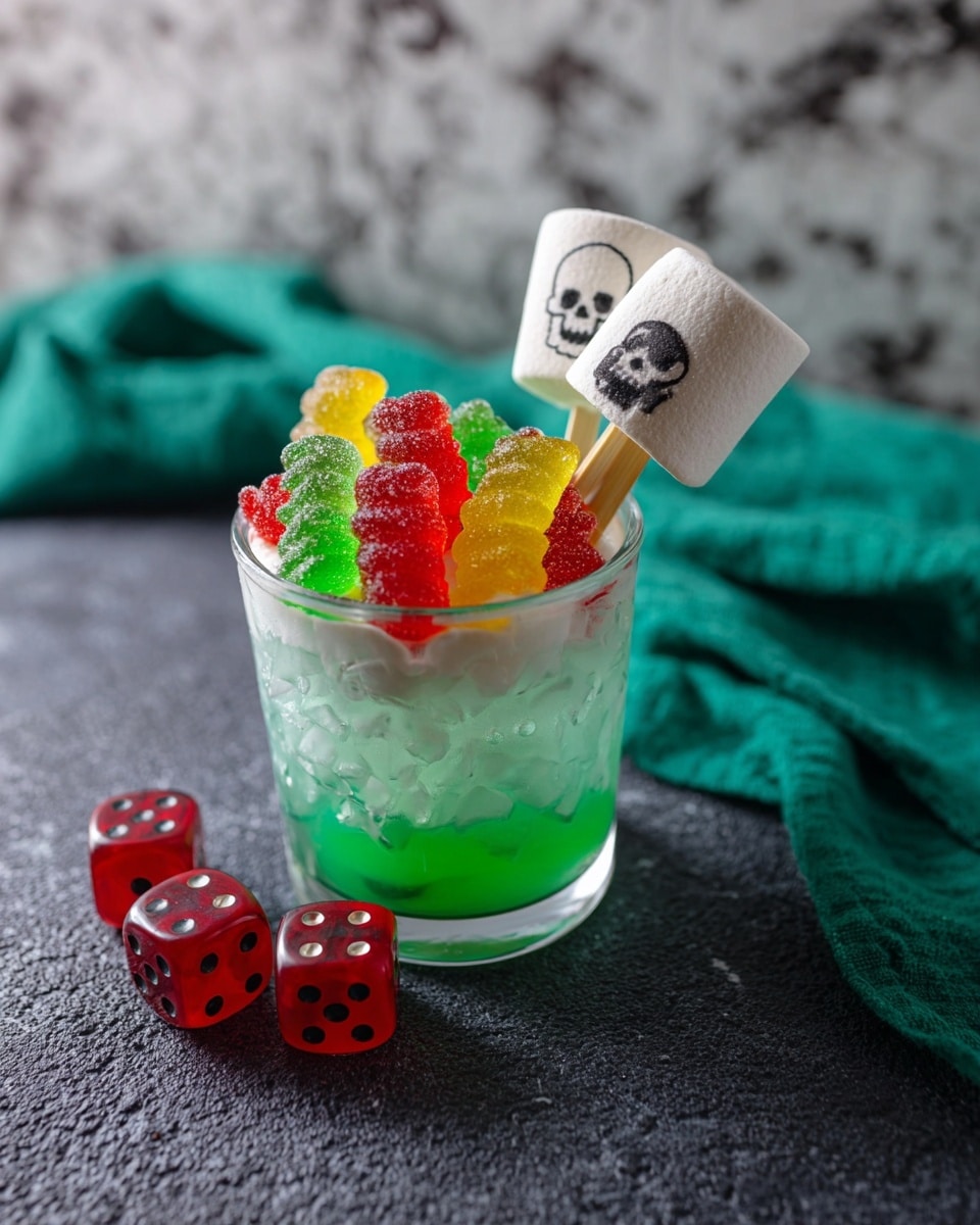 A clear glass with three green liquid layers at the bottom, topped with white foam and ice cubes inside it, has several colorful gummy worms and bears in red, yellow, green, and orange placed on the top layer. Two white marshmallows with black skull faces on white sticks lean on the right side of the glass. The glass sits on a dark gray textured surface with a white marbled texture in the background, next to a green cloth and two red dice with black dots. Photo taken with an iphone --ar 4:5 --v 7