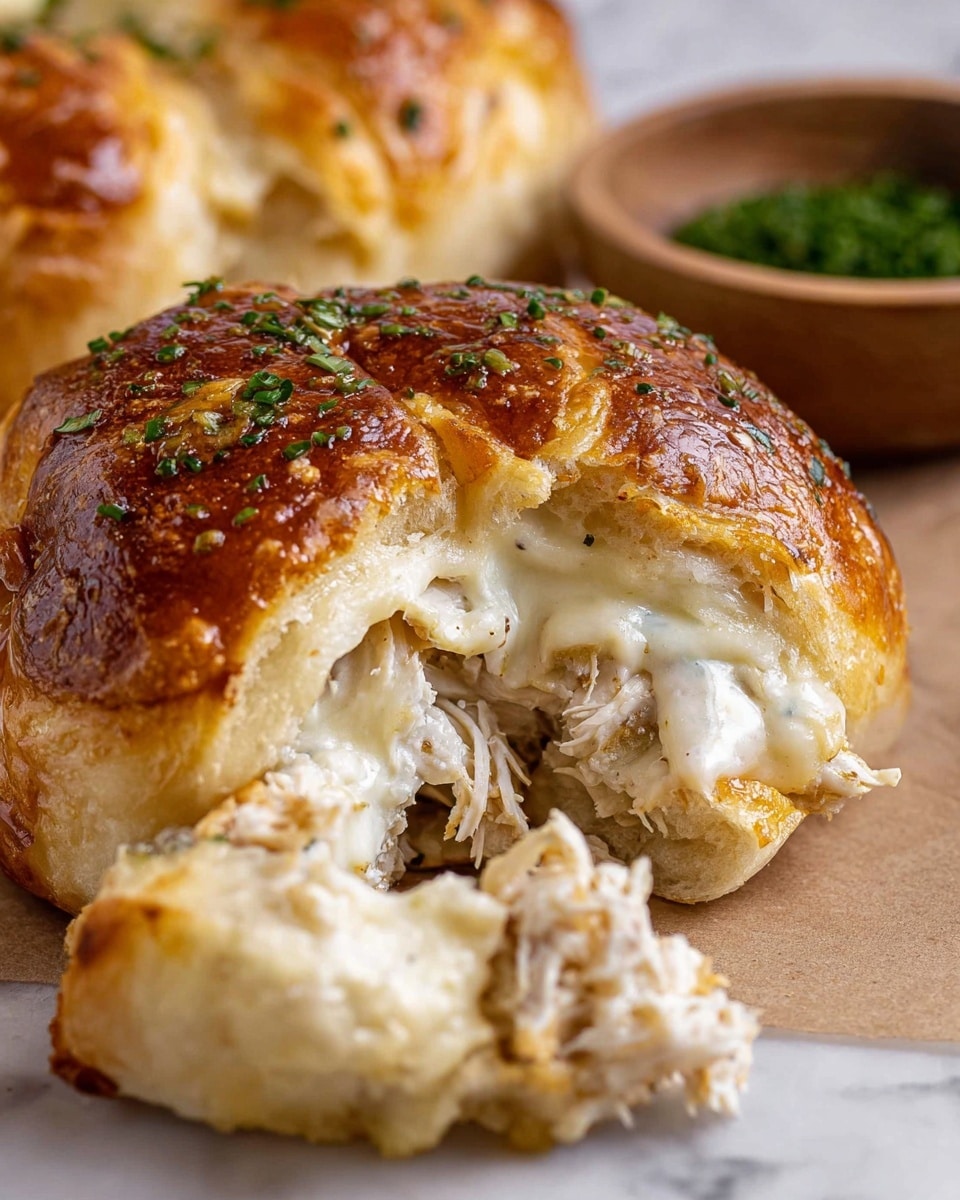 A close-up of a golden brown baked roll with a shiny, slightly crispy crust sprinkled with small green herbs on top. The roll is sliced open, revealing a creamy white filling inside mixed with shredded white meat, showing a rich and gooey texture. Pieces of the soft, fluffy bread surround the roll, exposing the tender inside. In the background, there is a small wooden bowl filled with chopped green herbs, all sitting on a white marbled surface. photo taken with an iphone --ar 4:5 --v 7