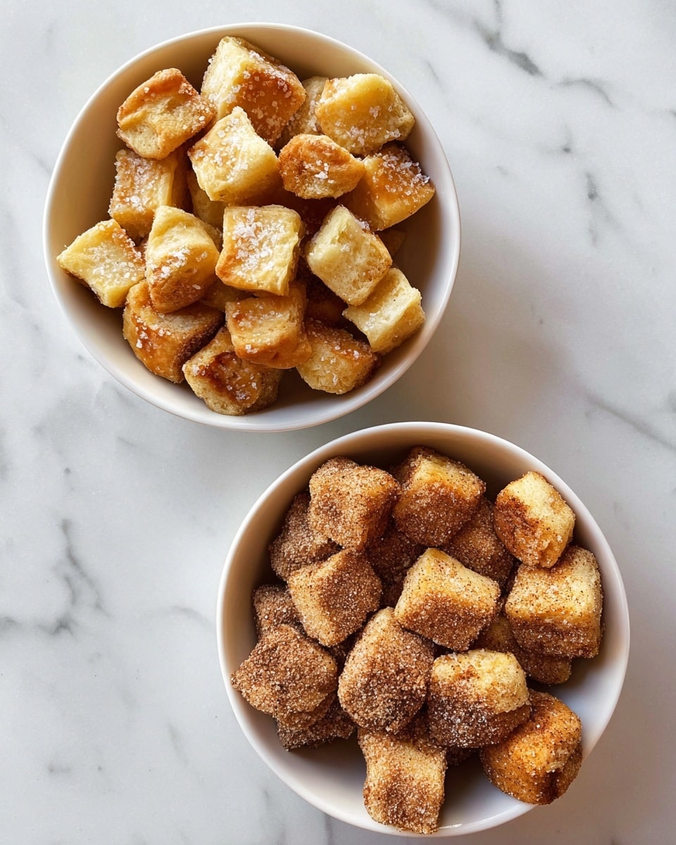 Two white bowls sit on a white marbled surface, each filled with bite-sized square pastries. The top bowl contains golden brown pieces lightly sprinkled with coarse white salt, showing a soft and fluffy texture with a slightly crispy outside. The bottom bowl has similar-shaped pieces coated with a coarse, sandy brown sugar and cinnamon mix, giving them a rougher but still tender appearance. Both sets of pastries have a warm, baked look with visible variation in their smoky golden tones. Photo taken with an iphone --ar 4:5 --v 7