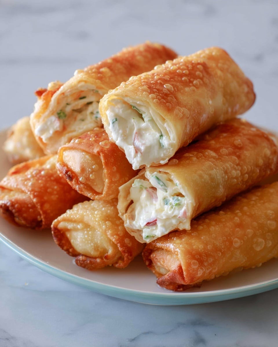 The image shows a white plate filled with golden-brown, crispy rolled pastries layered in a small pile. The pastries have a bubble-dotted, crunchy outer shell with a slightly shiny texture. Two of the rolls are cut open at the ends, revealing a creamy white filling mixed with small bits of green and pink, suggesting a soft, smooth texture with some vegetable pieces inside. The white plate sits on a white marbled surface, giving the image a clean and light background. photo taken with an iphone --ar 4:5 --v 7