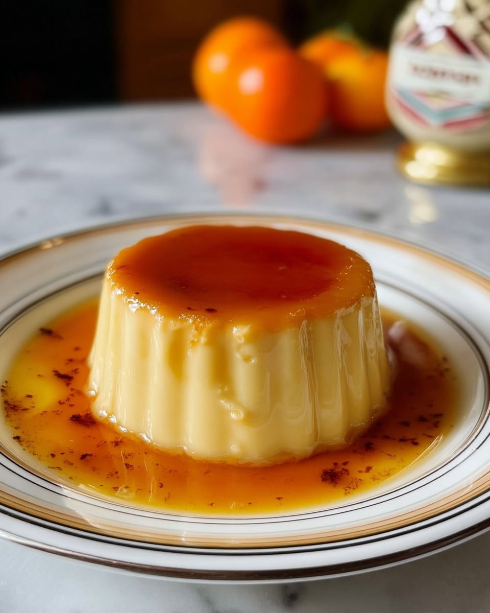A single smooth round flan sits in the center of a white plate with light beige stripes and black trim, topped with a thin glossy caramel layer that is amber-brown in color and slightly uneven in texture, the main body of the flan is creamy pale yellow with subtle ridges running vertically, surrounded by a pool of rich caramel sauce that spreads around its base with a slightly sticky, uneven texture. The background shows blurred orange fruits and a decorative bottle, all placed on a white marbled surface. photo taken with an iphone --ar 4:5 --v 7