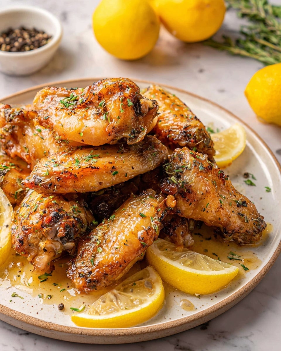 A round white plate holds a stack of seven golden-brown chicken wings, each wing showing crispy, slightly oily skin with herbs sprinkled on top. A few bright yellow lemon slices are placed under and beside the wings, adding color contrast. The wings sit on a shiny sauce glaze that pools lightly around them. The background is a white marbled surface with two whole lemons and a small white bowl filled with black peppercorns partially visible. The image is close-up, showing detailed textures of the crispy wings and fresh herbs. photo taken with an iphone --ar 4:5 --v 7
