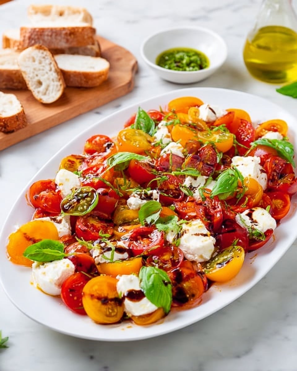 A white oval plate filled with layers of vibrant red and yellow cherry tomato halves scattered across the surface, mixed with thick chunks of white creamy mozzarella. Fresh green basil leaves are placed on top, adding contrast and freshness. The whole dish is drizzled with dark balsamic glaze, creating a glossy finish on the tomatoes and cheese. The scene is set on a white marbled surface with some slices of bread and a small white bowl with a green herb sauce in the background, along with a glass bottle of olive oil. Photo taken with an iphone --ar 4:5 --v 7