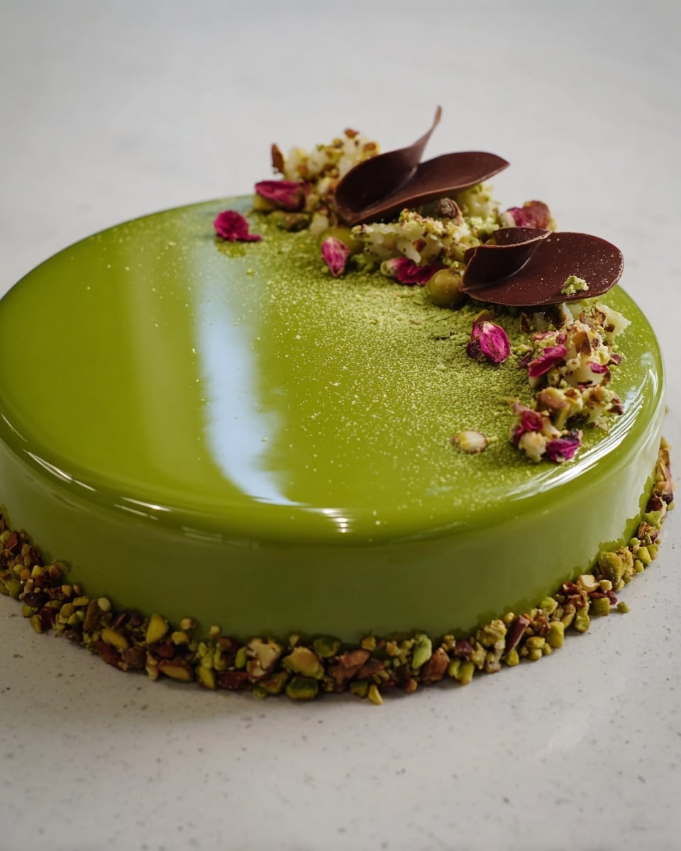 A smooth, shiny green glazed cake with a single layer sits on a white marbled surface, its base rimmed with chopped pistachios in shades of green and brown. On top, near one edge, there are dollops of dark chocolate cream, light honeycomb-like almond brittle pieces, and whole pistachios adorned with small pink flower petals. A light dusting of green powder is scattered gently across the top surface, which is smooth and reflective, showing soft light reflections. photo taken with an iphone --ar 4:5 --v 7