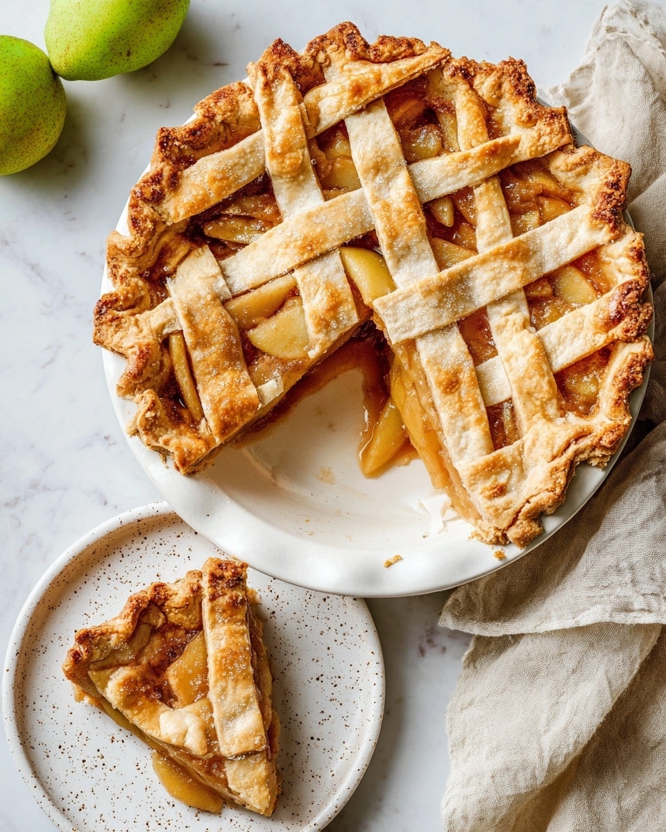 A slice of golden brown apple pie with a slightly flaky crust sits on a white plate, filled with warm, soft apple pieces coated in a cinnamon-spiced syrup. On top, there is a scoop of creamy white vanilla ice cream sprinkled lightly with cinnamon, melting slightly over the crust's edge. In the blurred background, two green apples and three silver forks rest on a white marbled surface. Photo taken with an iphone --ar 4:5 --v 7