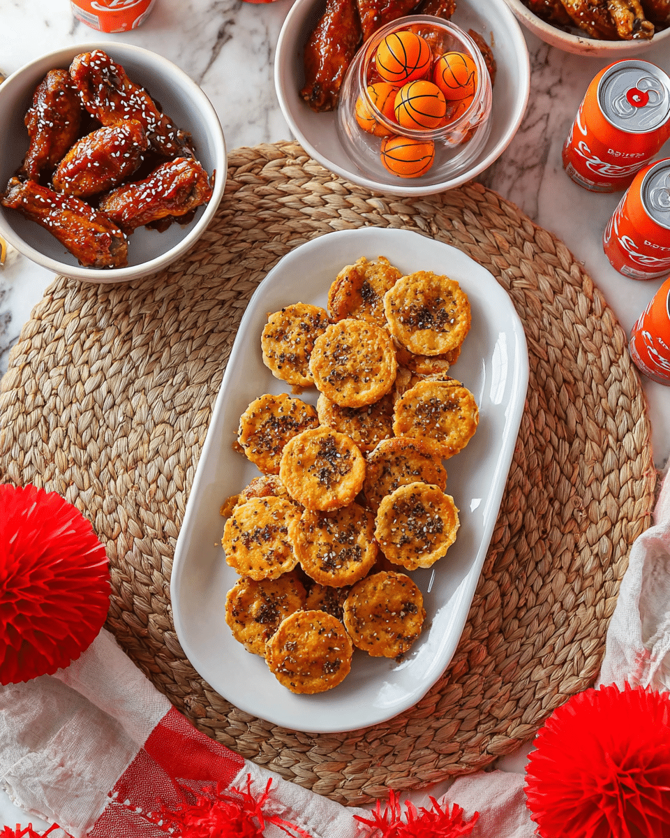 A large white oval plate filled with about five neat layers of round, golden crackers topped with spots of black pepper and other seasoning, showing a crispy texture, sits in the center on a woven placemat over a white marbled surface. To the left and right above the plate, two white bowls hold several glazed chicken wings with a shiny, sticky brown sauce and sprinkled sesame seeds, each with a handful of five to six wings stacked casually. A clear glass cup filled with small orange basketball-shaped objects is set on a red and white striped napkin near the center top. Around the edges, six bright orange soda cans and red pom-poms add vibrant color to the scene, which is shot from above with even natural light. Photo taken with an iphone --ar 4:5 --v 7