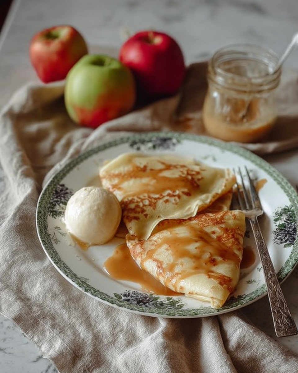 Two folded crepes sit side by side on a white plate with green and black flower patterns around the edge. The crepes are pale yellow with light brown spots from cooking and are covered in a light brown sauce that drips over them. Next to the crepes is a round scoop of white ice cream, placed near a silver fork resting on the plate's right side. Behind the plate, a small glass jar filled with sauce and two red and green apples are placed on a wrinkled beige cloth over a white marbled surface. Photo taken with an iphone --ar 4:5 --v 7
