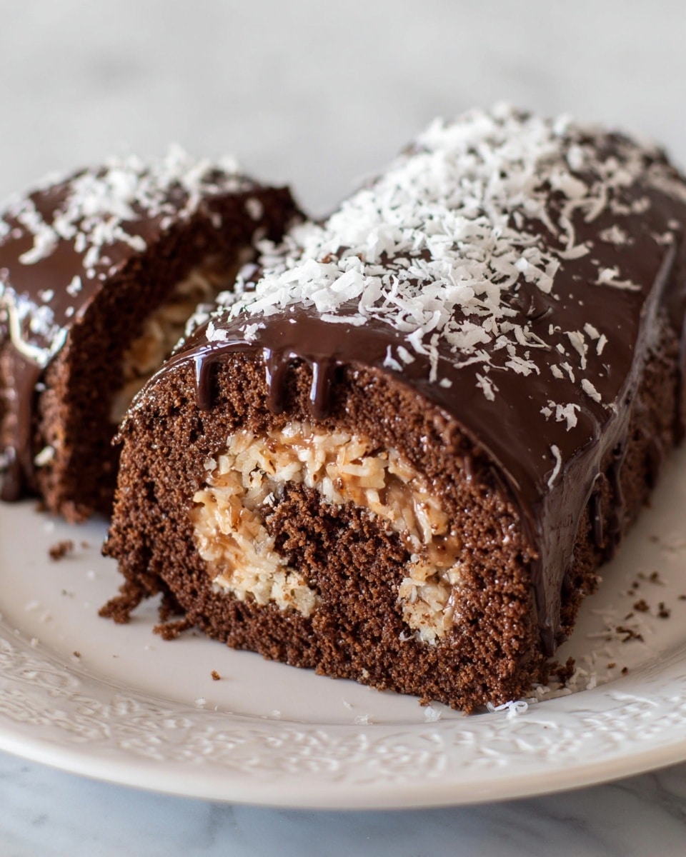 A chocolate cake roll with three visible layers: the outer layer is a smooth, shiny dark chocolate coating covering the entire roll; inside, a moist dark brown chocolate sponge cake layer wraps around a light brown cream filling mixed with shredded coconut, creating a textured, slightly chunky swirl pattern. The top of the roll is sprinkled with white shredded coconut pieces. The cake is placed on a white plate with raised edge details, sitting on a white marbled surface. photo taken with an iphone --ar 4:5 --v 7