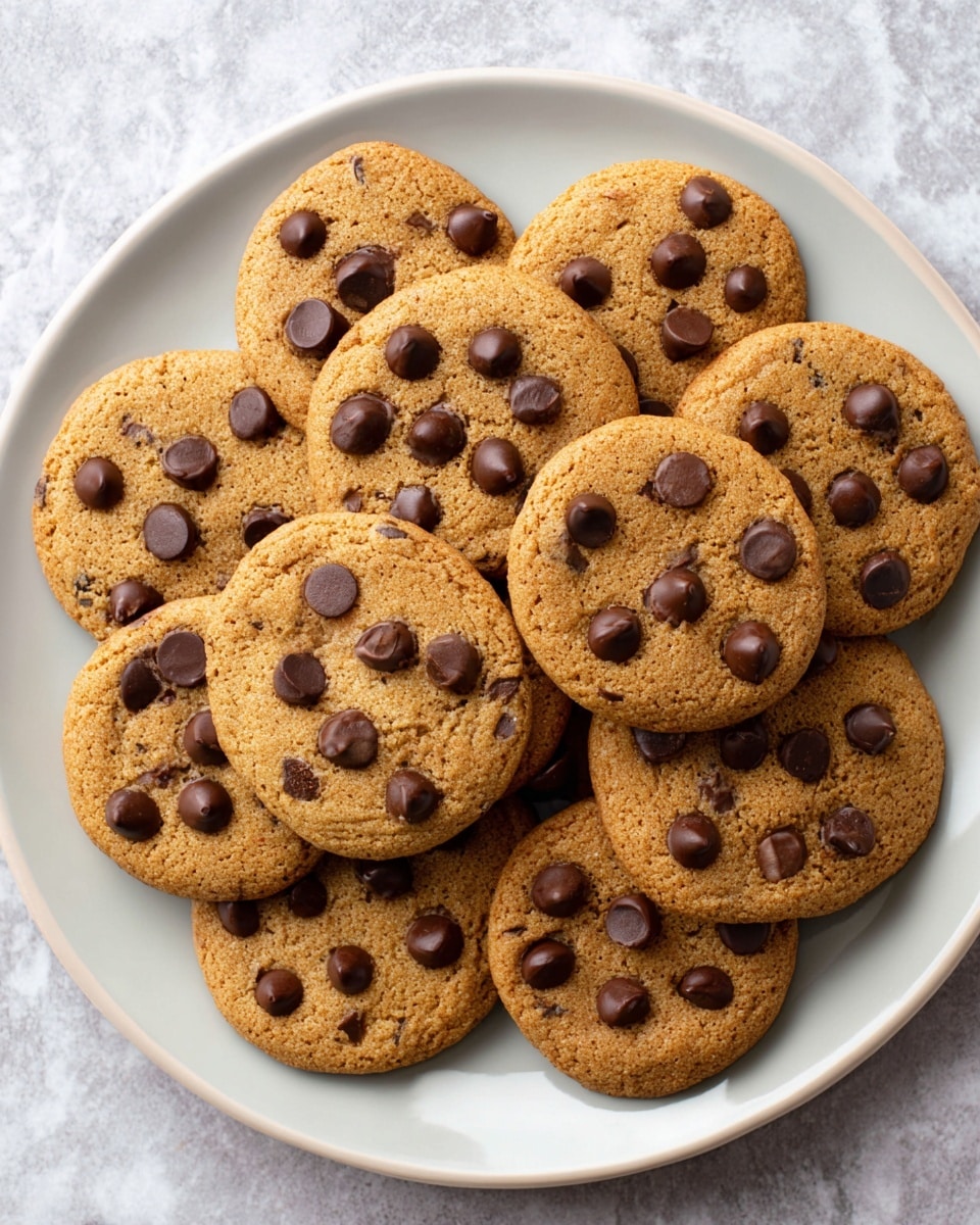 A round white plate filled with a single layer of soft golden brown cookies, each topped with unevenly scattered dark and milk chocolate chips that vary slightly in size and shape, giving a textured appearance; the cookies have a smooth, slightly grainy surface with some chips melting into the dough. The plate rests on a white marbled texture. photo taken with an iphone --ar 4:5 --v 7