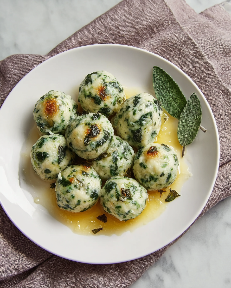 A white plate holds ten round, green and white speckled dumplings or balls, each topped with a small piece of browned herb. The dumplings are coated in a shiny melted cheese or creamy sauce, and they rest on a pool of golden-brown butter or sauce that glistens around them. To the side on the plate, there are two fresh sage leaves. The plate is set on a soft, textured taupe cloth, with the whole scene on a white marbled surface photo taken with an iphone --ar 4:5 --v 7