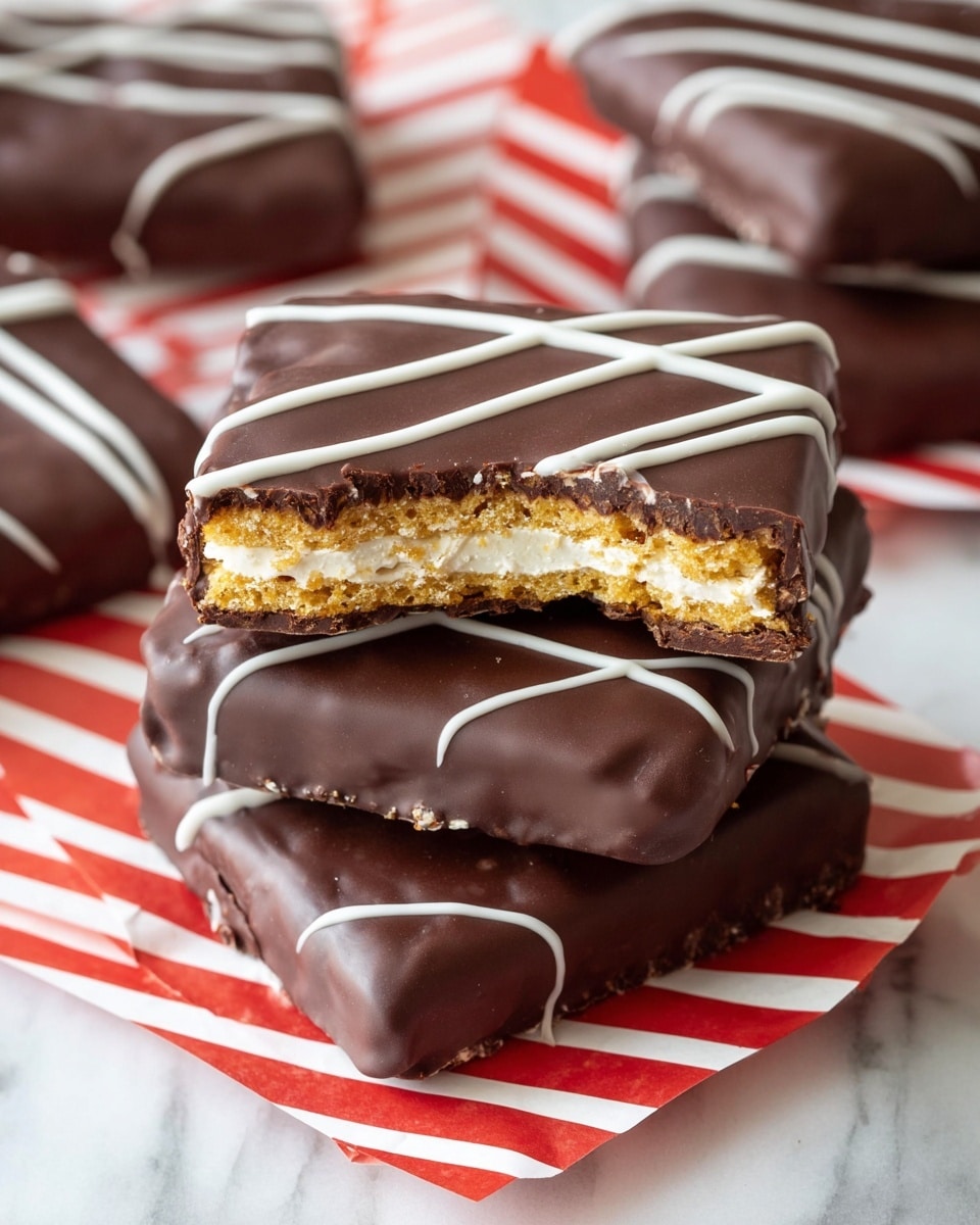 The image shows several square shaped treats coated in smooth, light brown chocolate, arranged neatly on a light cream textured mat. Each treat has thin, irregular white icing lines drizzled on top in a diagonal pattern, adding contrast and texture to the flat chocolate surface. The chocolate coating is matte with slight edges visible at the corners, hinting at a layered interior. The treats are spaced evenly with some small spots of white icing on the mat between them. The overall look is clean and uniform with a soft color palette, all set on a white marbled textured surface. photo taken with an iphone --ar 4:5 --v 7