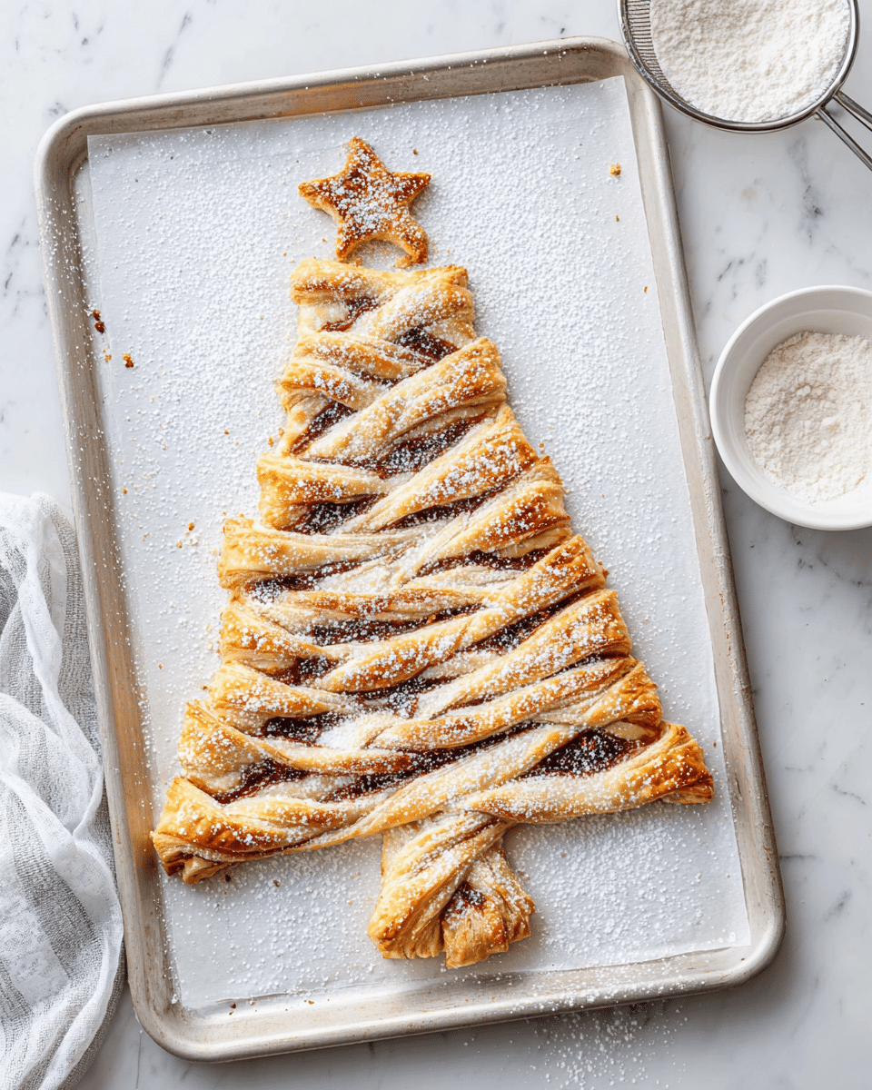 A baked pastry shaped like a Christmas tree lies on a baking sheet lined with white parchment paper; it has multiple twisted branches on both sides made by cutting and twisting golden-brown puff pastry strips with a visible dark filling inside, and a small star cutout on top and a short trunk at the bottom, all coated with a light dusting of white powdered sugar; the baking sheet is on top of a white marbled surface with a metal sieve containing powdered sugar and a white bowl nearby. photo taken with an iphone --ar 4:5 --v 7
