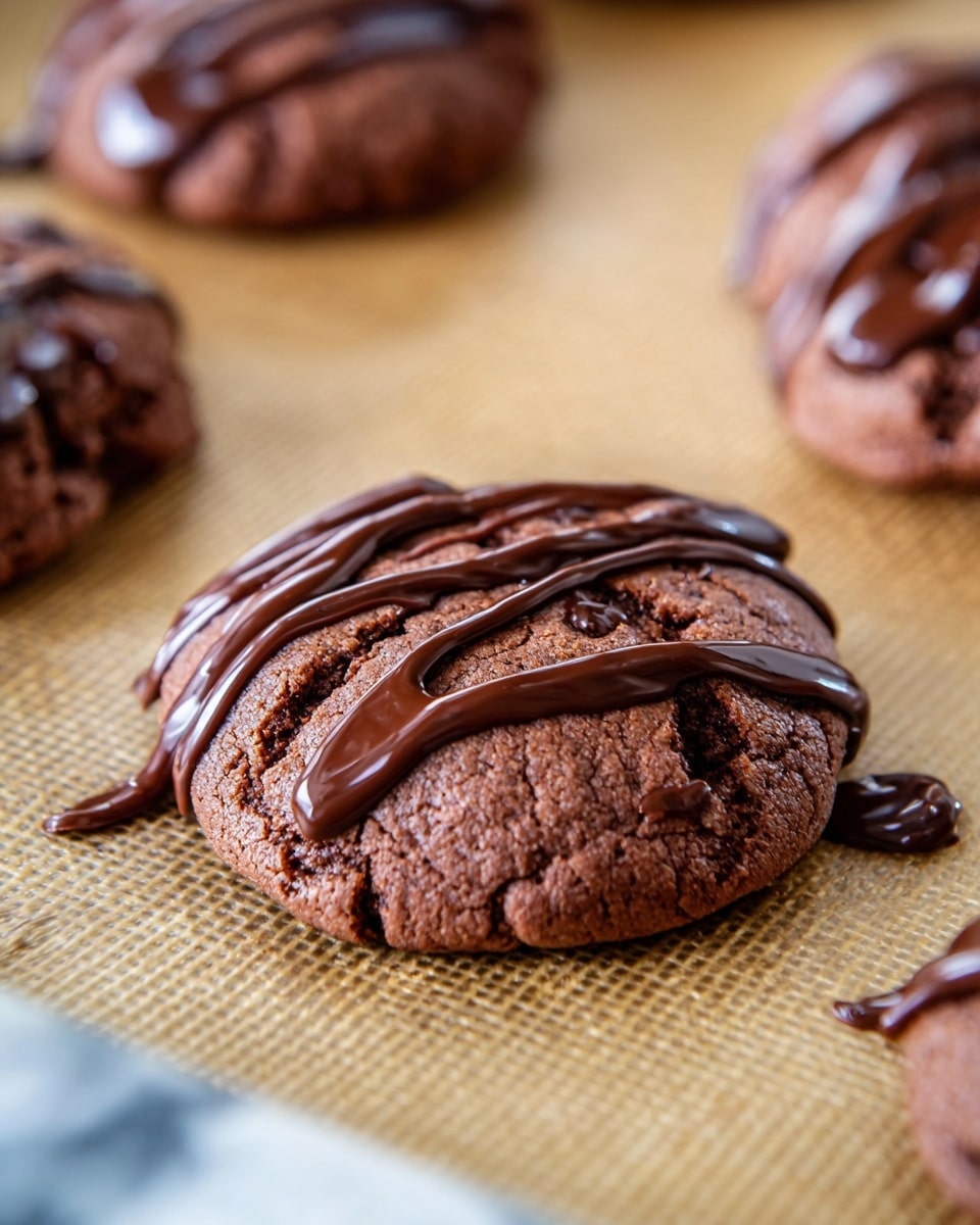 A close-up view of a single rich chocolate cookie sits on a textured baking sheet, with a thick drizzle of glossy dark chocolate sauce unevenly spread on top forming three main stripes and a small dollop on one side, highlighting the cookie’s dark brown, slightly cracked surface and soft texture beneath. In the blurred background, other similar cookies with chocolate drizzle are partially visible, adding depth to the image. The colors focus on the deep browns and the light tan of the baking sheet, all set against a white marbled surface that softly reflects light. photo taken with an iphone --ar 4:5 --v 7