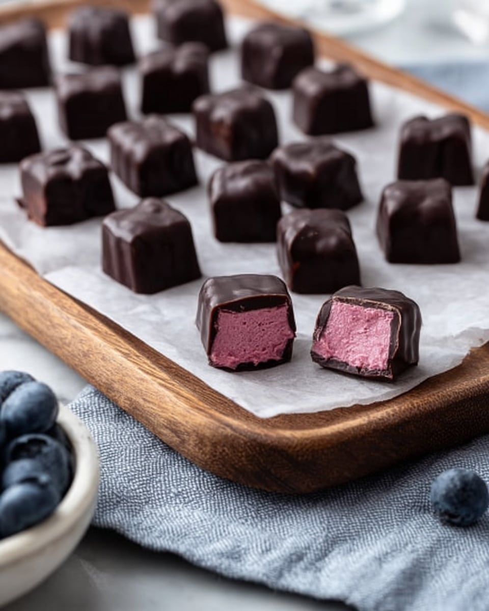 The image shows a wooden board with a sheet of white parchment paper holding several small, square dark chocolate pieces arranged in neat rows. In front, there are two chocolates cut open to show a thick, smooth pink filling inside, contrasting with the glossy dark brown chocolate shell. The board is placed on a textured light gray cloth over a white marbled surface. Near the bottom left corner, part of a white bowl with fresh blueberries is partially visible. Photo taken with an iphone --ar 4:5 --v 7