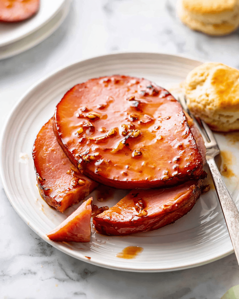 The image shows three large, round slices of glazed ham stacked slightly unevenly on a white plate with subtle ridged patterns. The ham is a rich reddish-pink color with a shiny, sticky glaze that has small bits of spices or garlic visible on top. A silver fork is cutting a small triangle from the bottom slice, revealing its moist texture. To the right, part of an open biscuit with a pat of butter melted on it is visible. The whole scene is set on a white marbled surface with a couple of biscuits blurred in the background. photo taken with an iphone --ar 4:5 --v 7