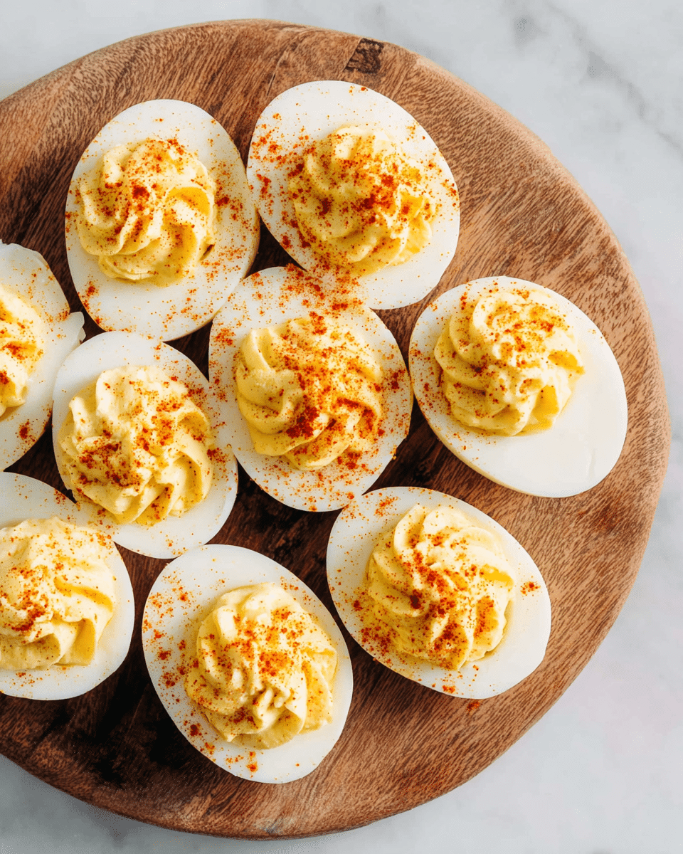 A round wooden board holds eight deviled eggs arranged closely together, each egg cut in half lengthwise showing a smooth, white egg white base and a creamy, swirled yellow yolk filling topped with a light dusting of reddish-orange paprika, all set against a white marbled background. photo taken with an iphone --ar 4:5 --v 7
