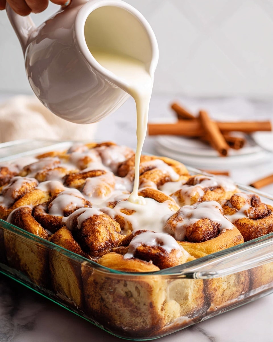 A glass baking dish filled with about three layers of soft cinnamon rolls that are golden brown with cinnamon swirls visible in the dough; the top layer is covered generously with thick, creamy white cream cheese frosting that drips slightly over the rolls and onto the sides of the dish, creating a smooth, glossy texture; the dish sits on a white marbled surface with some cinnamon sticks and a white cup blurred in the background. photo taken with an iphone --ar 4:5 --v 7