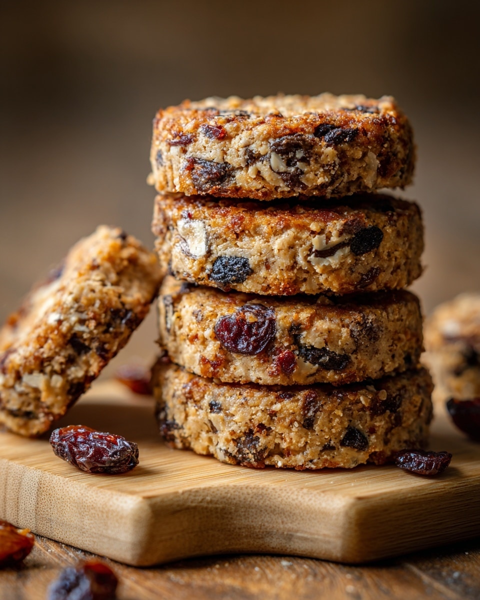 The image shows a stack of four chunky cookies placed on a light wooden board, with three more cookies scattered around it. Each cookie is thick and textured with visible dark brown and black bits of nuts and dried fruit embedded throughout. The cookie surface is slightly rough and uneven, showing a mixture of golden brown baked dough and darker spots. The background is a soft, blurred brown wooden surface, and the scene is lit warmly to highlight the cookies' texture and colors. photo taken with an iphone --ar 4:5 --v 7