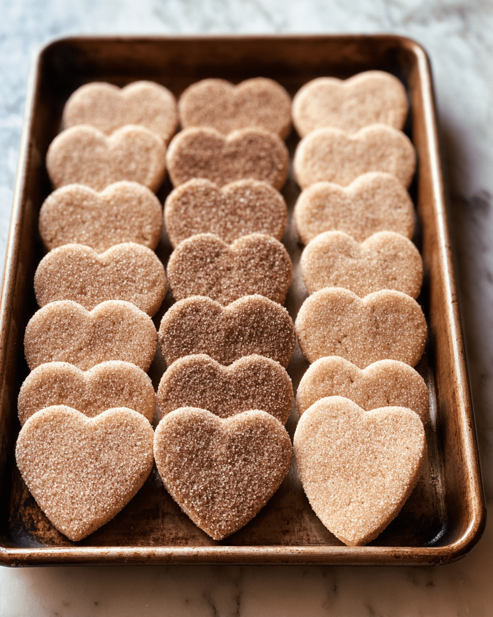 A baking tray filled with three rows of light brown sugar-coated cookies, each row having a different shape; the left and right rows have heart-shaped cookies, while the middle row has round cookies with a scalloped edge. The cookies have a grainy sugar texture on their surface with a slightly darker cinnamon color. One heart-shaped cookie stands upright leaning against the front edge of the tray. The tray is on a white marbled texture surface. photo taken with an iphone --ar 4:5 --v 7
