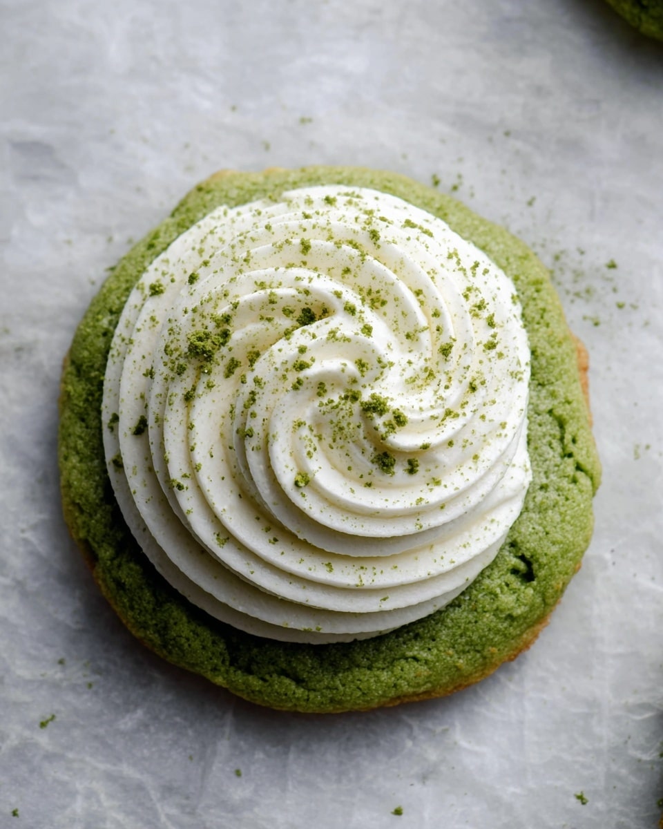 A single round green cookie forms the base, with a soft texture and slightly uneven edges. On top, there is a thick layer of white cream, piped in a spiral shape starting from the center and widening outwards. The cream has a smooth, fluffy texture and is sprinkled lightly with green powder that adds contrast. The cookie and cream rest on a white marbled textured surface. photo taken with an iphone --ar 4:5 --v 7