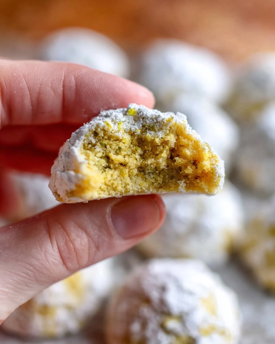 A close-up of a woman’s hand holding a small round cookie with a bite taken out, showing a crumbly, light golden-yellow inside with a slightly grainy texture. The cookie has a rough outer layer coated in white powdered sugar. In the blurred background, several whole powdered sugar-coated cookies rest on a white marbled surface. photo taken with an iphone --ar 4:5 --v 7