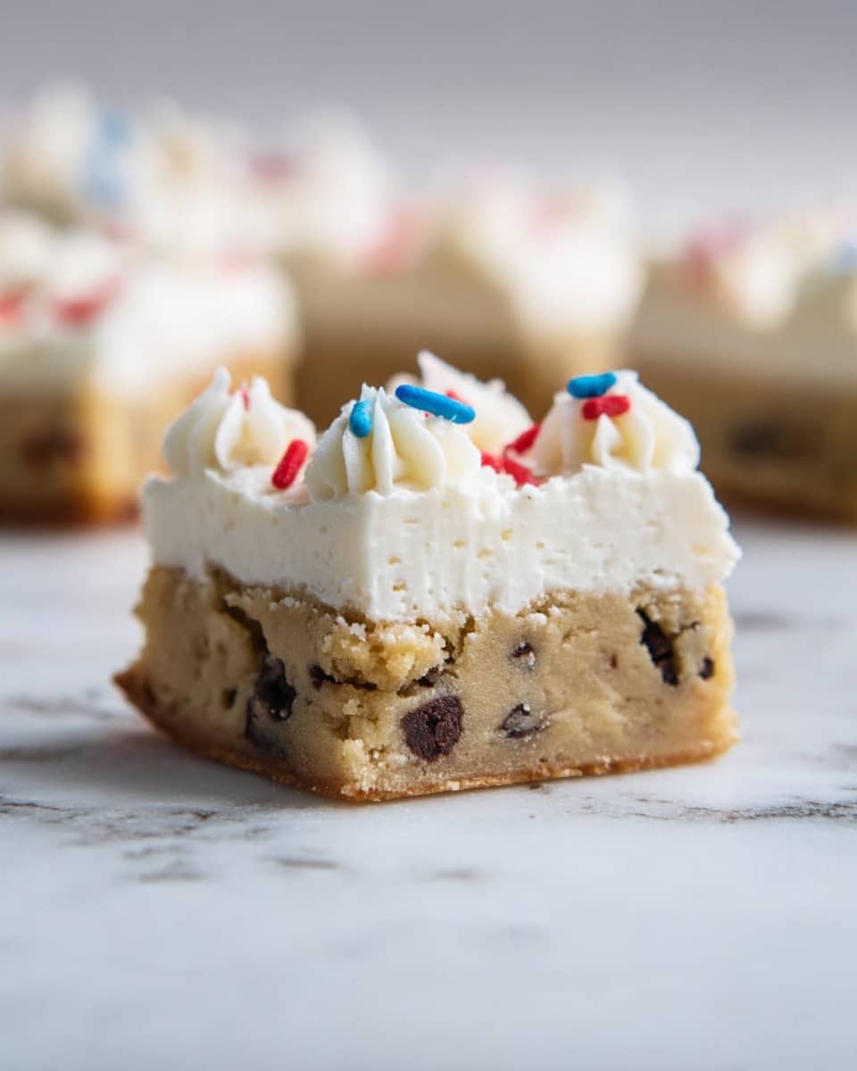 A small square piece of cookie bar with two visible layers is shown; the bottom layer is a soft, light brown cookie dough with scattered dark chocolate chunks, and the top layer is a thick, creamy white frosting piped with small peaks and decorated with a few tiny red and blue round sprinkles. The background is a white marbled texture with other blurry cookie bars in the distance. Photo taken with an iphone --ar 4:5 --v 7