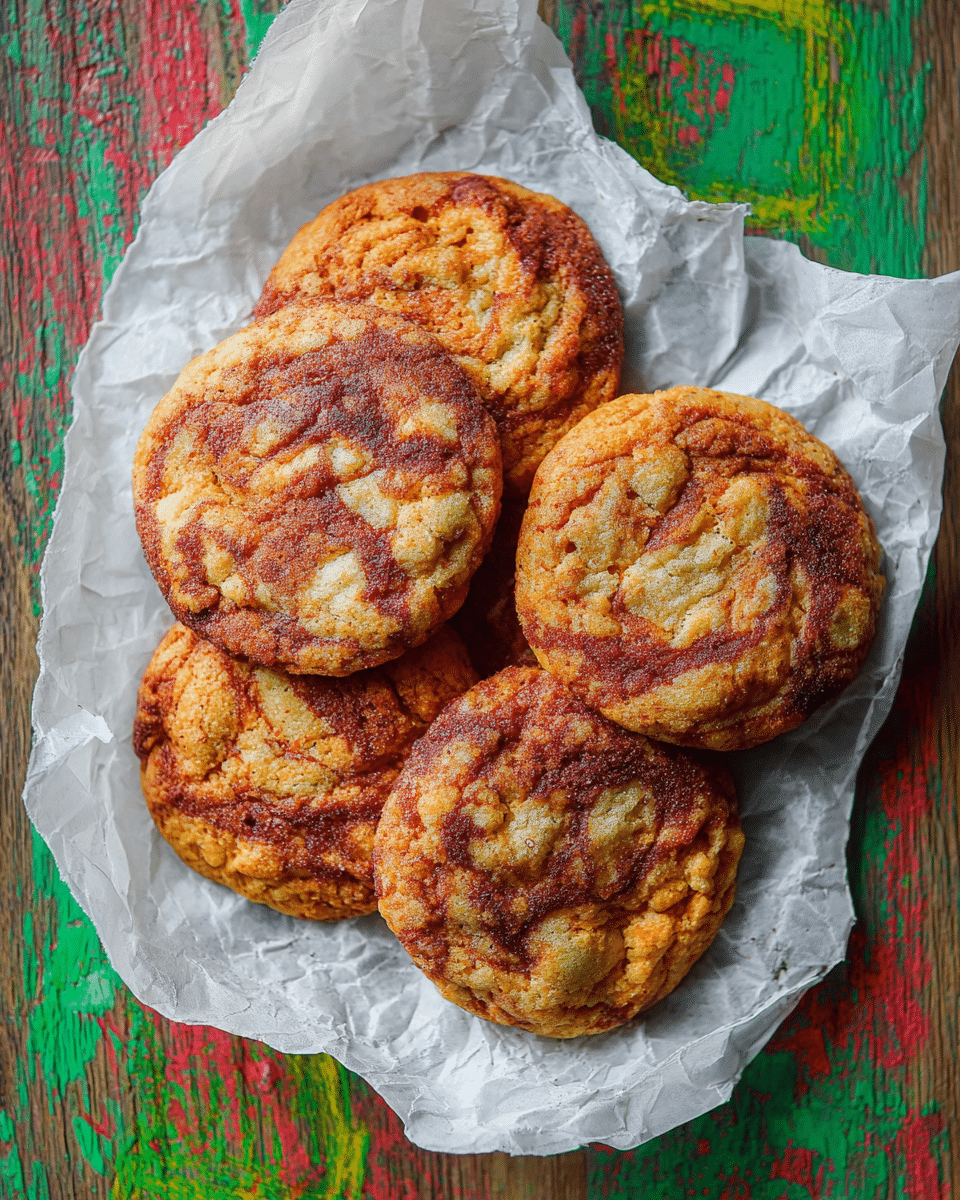 Five round cookies with a rough texture and golden-brown color sit on crumpled white baking paper. Each cookie has swirls of darker reddish-brown patches on the surface, giving a marbled effect. The cookies are placed close together in a slightly overlapping way, resting on a wooden surface with bright green, red, and yellow paint marks that are partly visible around the edges. The photo taken with an iphone --ar 4:5 --v 7