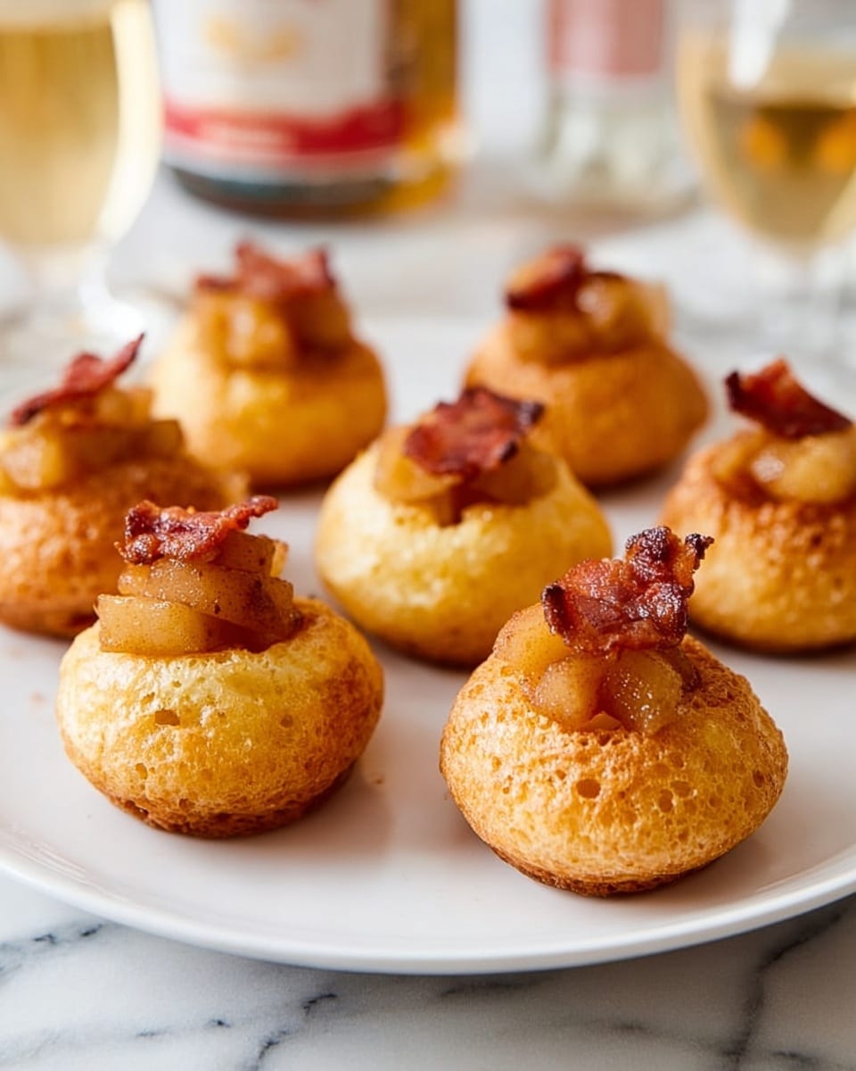 A white plate holds seven round, golden-brown puffs, arranged casually with space between them. Each puff features two layers: the base is a light, airy, and crisp pastry shell with a textured, slightly cracked surface. The top layer sits inside the hollow of the pastry, made of small diced soft apple pieces cooked with cinnamon, giving a warm, light brown color. On top of each mound of apples, there is a small strip of crisp bacon curled slightly, adding a shiny and textured reddish-brown contrast. The background is a white marbled texture, with out-of-focus elements including a bottle and a glass of cider. photo taken with an iphone --ar 4:5 --v 7