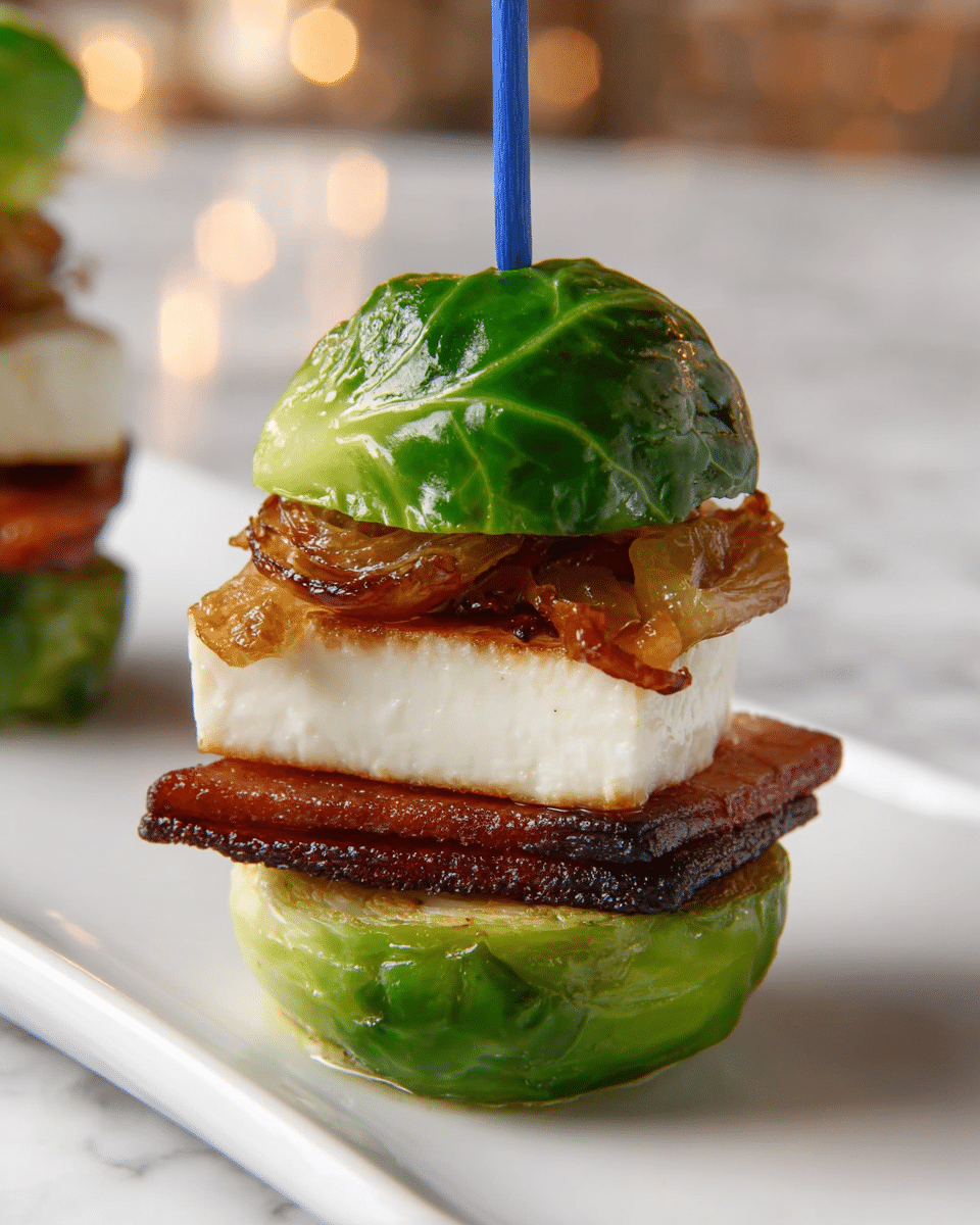 A small appetizer stack made with four visible layers sits on a white plate over a white marbled surface. The bottom layer is a round, bright green brussels sprout leaf with a slightly glossy, textured surface. On top of this lies a crispy, dark brown bacon strip, followed by a thick, rectangular white cheese piece with a smooth surface. Above the cheese is a small heap of caramelized, golden-brown onions with a soft shiny texture. The stack is topped by another glossy, vibrant green brussels sprout leaf, held together by a blue toothpick inserted through the center. Photo taken with an iphone --ar 4:5 --v 7