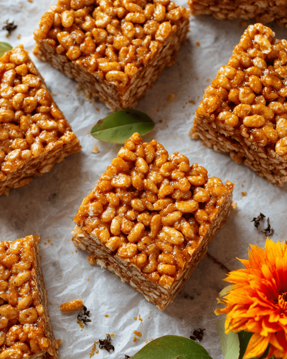 The image shows several square-shaped cereal bars made from puffed rice mixed with a sticky, golden-brown syrup, giving them a shiny, textured surface. Each bar has two visible layers, thick and compact, with the puffed rice tightly packed together. The bars sit on a piece of parchment paper, which rests on a white marbled textured surface, scattered with small dark specks and tiny green leaves. A bright orange and yellow flower is partially visible in the lower right corner, adding a splash of color to the scene. Photo taken with an iphone --ar 4:5 --v 7