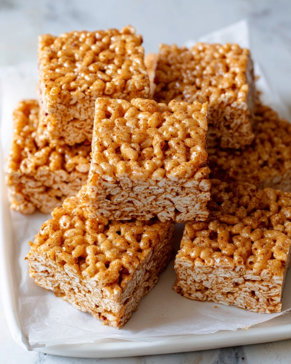 The image shows several square-shaped crispy treats stacked on a white plate, placed on a white marbled surface. Each treat is made of puffed rice mixed with a glossy, light brown binder, giving a textured, bubbled look on the surface. The squares have small air pockets and a slightly rough texture from the rice grains, with darker specks scattered throughout, possibly spices or flavorings. The treats are thick and dense, with visible layers from the compressed cereal. Photo taken with an iphone --ar 4:5 --v 7