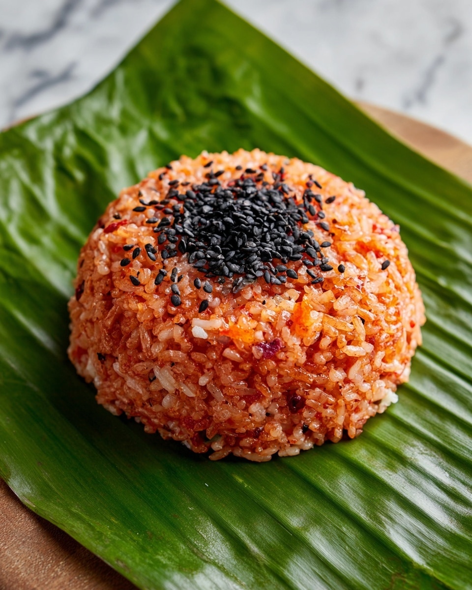 A single dome-shaped mound of red-colored rice mixed with small bits of orange and white, topped with a small heap of black sesame seeds, sits neatly on a green banana leaf. The rice has a slightly glossy, moist texture with evenly mixed grains, and the black sesame seeds on top add a contrasting texture and color. The green leaf beneath adds a fresh, natural base with visible veins, all set on a white marbled surface. photo taken with an iphone --ar 4:5 --v 7
