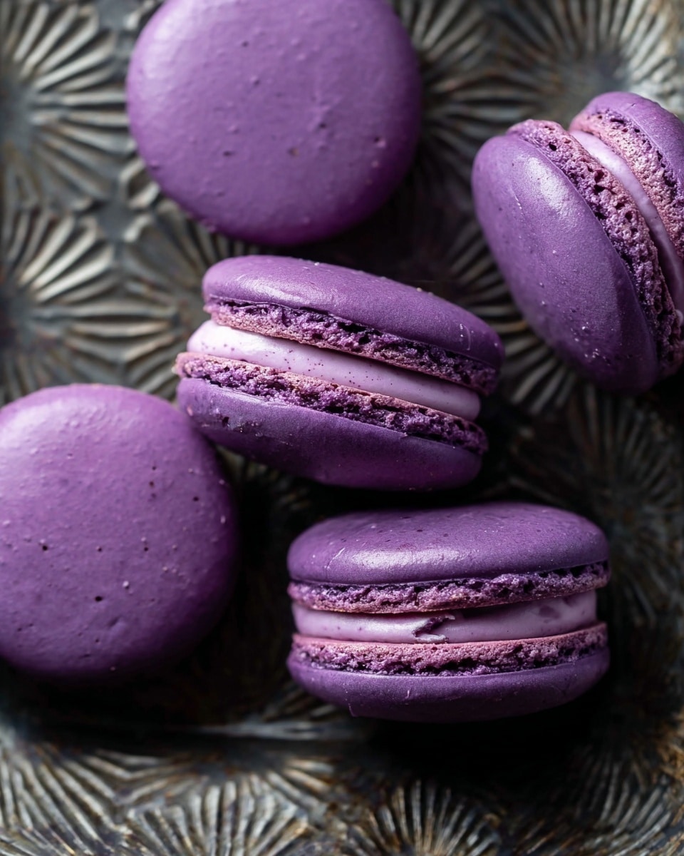 Five purple macarons are shown on a detailed dark metal tray with a sunburst textured pattern. Each macaron has two smooth, round purple shells with a slightly ruffled edge, and a creamy filling of a slightly lighter purple shade sandwiched in the middle layer. One macaron is bitten, showing its soft inside, while the others remain whole. The bright purple macarons contrast with the dark metallic tray, highlighting their smooth and slightly shiny surface. Photo taken with an iphone --ar 4:5 --v 7