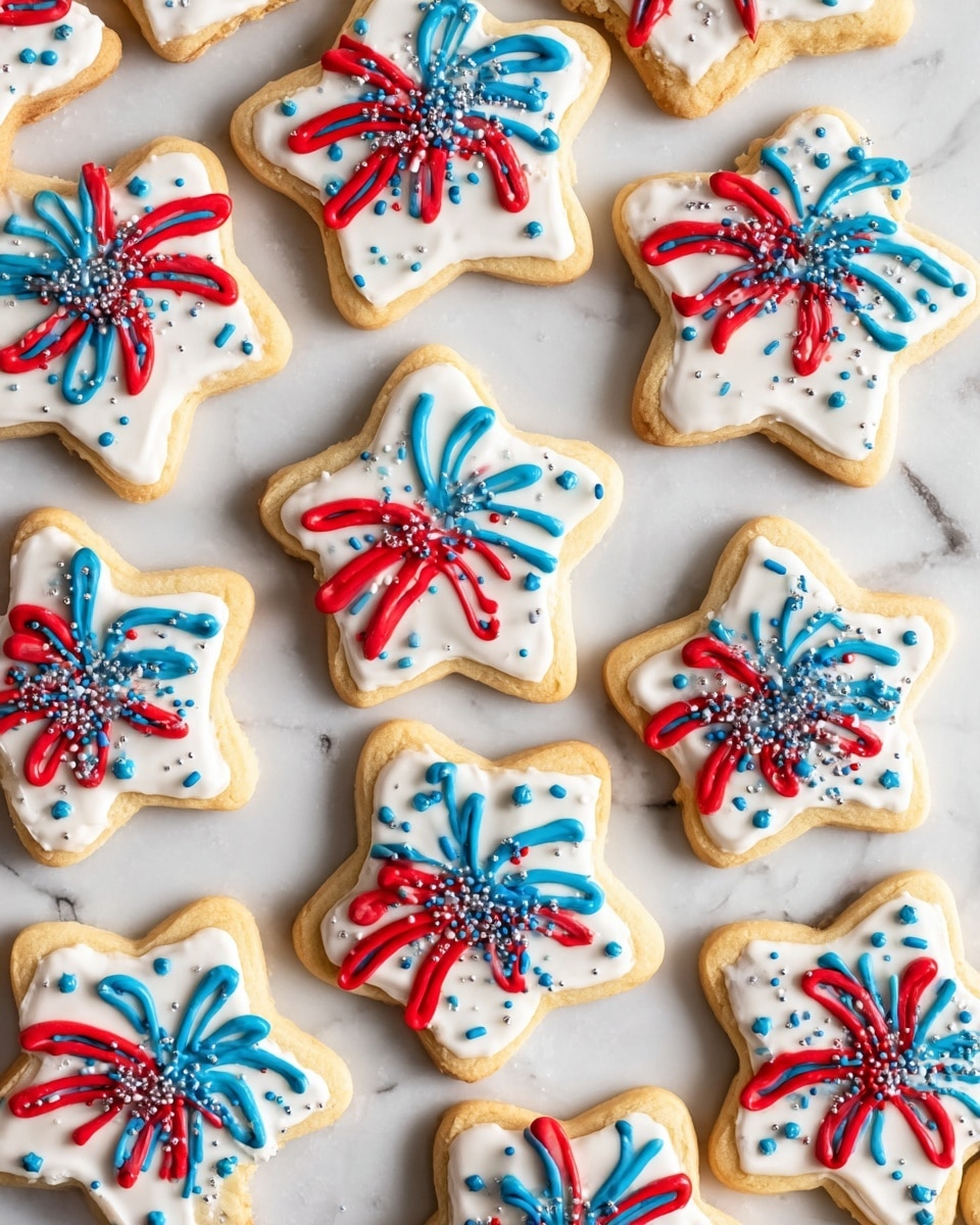The image shows many star-shaped sugar cookies laid on a white marbled surface. Each cookie has a base layer of white icing covering the top, smooth and glossy. On this base, red and blue icing is piped in curved lines that spread out like fireworks, some with small round dots around them. Scattered on the colored icing are small star-shaped sprinkles in white, blue, and red, adding texture and detail. The cookies have a golden-brown edge from baking, and one cookie in the bottom right corner has a small bite taken out of it. photo taken with an iphone --ar 4:5 --v 7