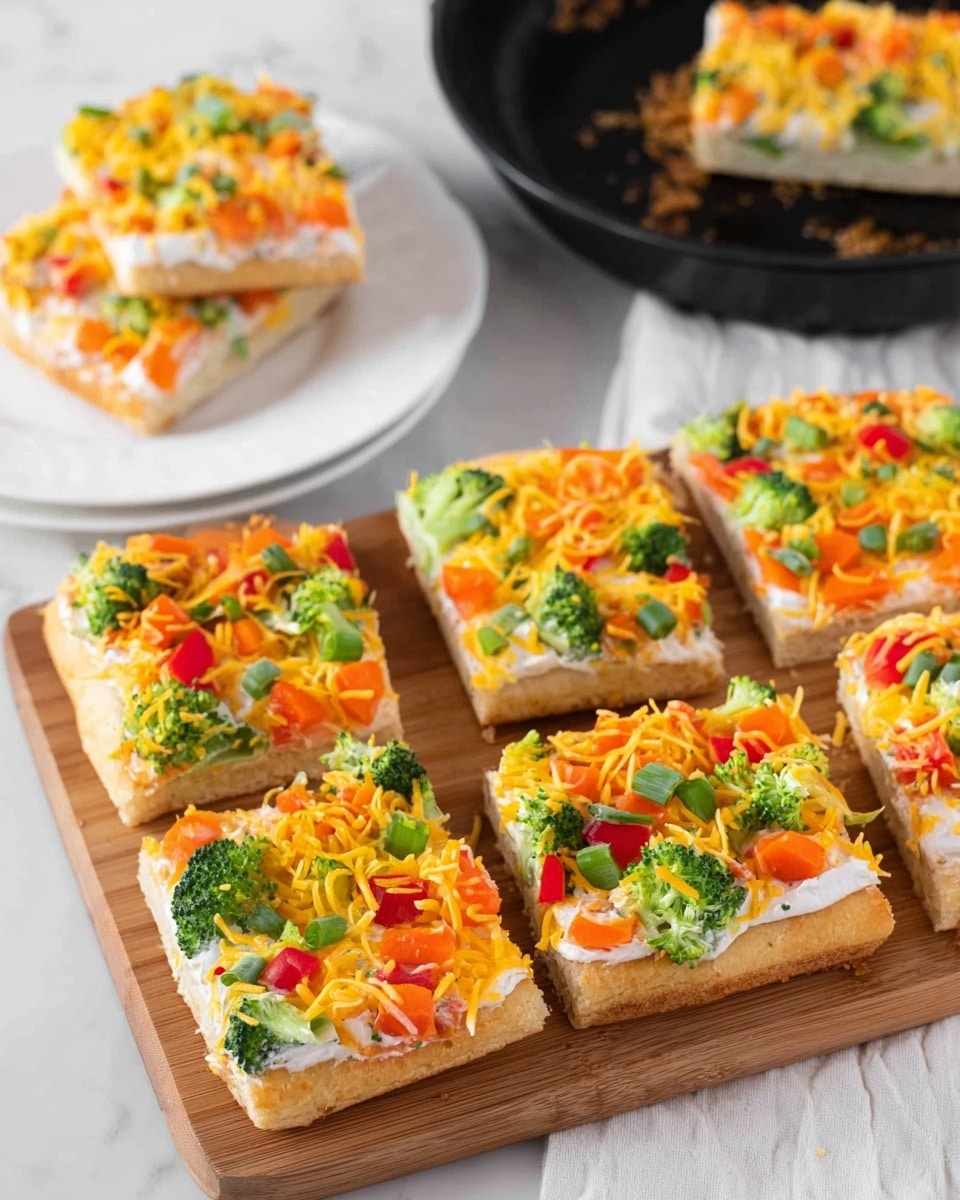 A square shaped baked crust with a light golden-brown color forms the base layer. On top of this is a thick layer of white spread, smooth and evenly covering the crust. The next layer consists of small, finely chopped orange and yellow bell peppers scattered across the white spread, adding bright color. Tiny pieces of green broccoli florets and chopped green onions are spread evenly over the peppers, followed by a generous topping of shredded orange cheddar cheese that covers the entire dish. The dish is placed on a black baking sheet, which sits on a white marbled surface. photo taken with an iphone --ar 4:5 --v 7