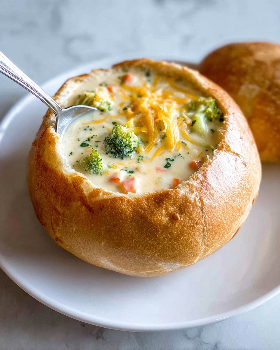 A round golden brown bread bowl is filled with creamy soup that has visible pieces of green broccoli, small orange carrot bits, and melted yellow cheese on top. The bread lid is placed beside the bowl on a smooth white plate, sitting on a white marbled surface. A spoon is dipped into the soup inside the bread bowl. photo taken with an iphone --ar 4:5 --v 7