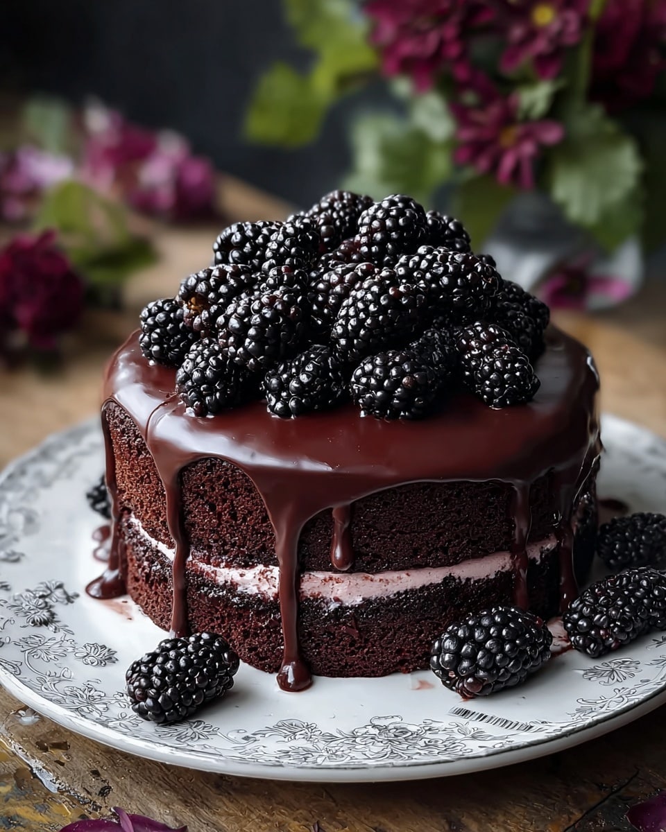 A rich, two-layer dark chocolate cake sits on a white plate with delicate silver patterns. The cake layers are dense and dark brown, separated by a thin layer of light pinkish cream visible in the middle. The top is covered with a smooth, shiny dark chocolate glaze that drips slightly down the sides. The cake is generously topped with fresh blackberries, piled in the center and a few scattered around the base, adding a deep black-purple color and bumpy texture. The setting includes a rustic wooden table with some burgundy and green blurred flowers in the background, replaced by a clean white marbled texture. Photo taken with an iphone --ar 4:5 --v 7