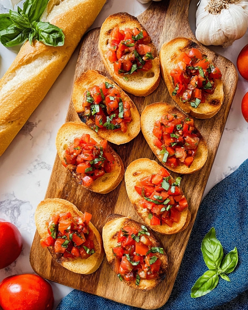 The image shows eight pieces of toasted small bread slices placed on a wooden board. Each toasted slice is topped with a mix of finely chopped bright red tomatoes and fresh green basil leaves, creating a colorful contrast. The bread has a golden-brown crust with toasted marks, while the tomato topping looks juicy and fresh. A long, golden baguette is placed diagonally at the top of the board, and a blue cloth is partly visible beside it. Around the board, there are whole garlic bulbs, fresh green basil leaves, and some red tomatoes, all set on a white marbled texture surface. photo taken with an iphone --ar 4:5 --v 7